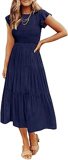 Women's 2025 Summer Casual Flutter Short Sleeve Crew Neck Smocked Elastic Waist Tiered Midi Dress - Buy now