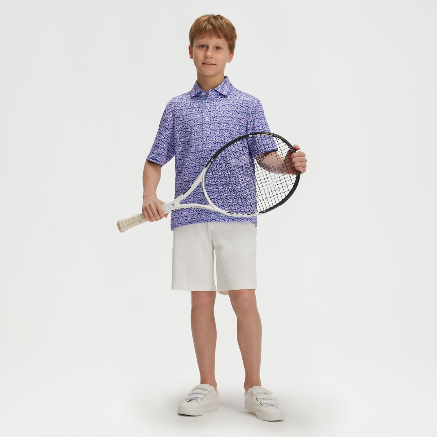 M MAELREG Boys Polo Shirts Funny Print Stretch Lightweight Short Sleeve Casual Collared Golf Shirts for Boys with 3 Button