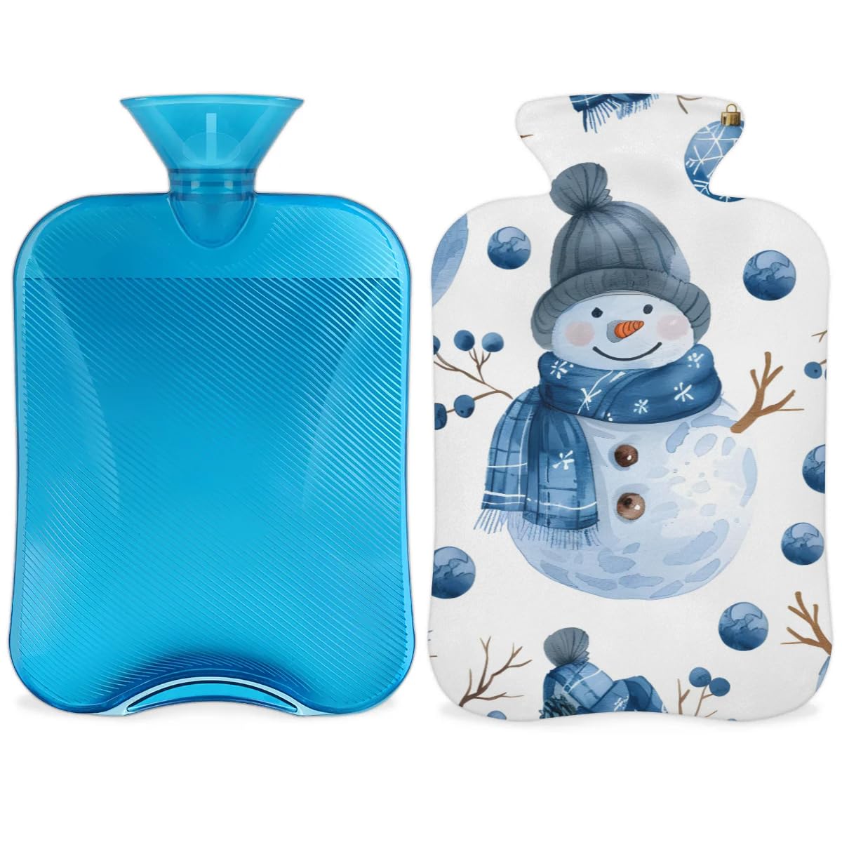 Hot Water Bottle with Soft Cover,2L Christmas Blue Snowman Hot Water Bag for Hot and Cold Compress, Hand Feet Warmer, Rubber Hot or Cold Water Bottle Halloween Christmas Decorations