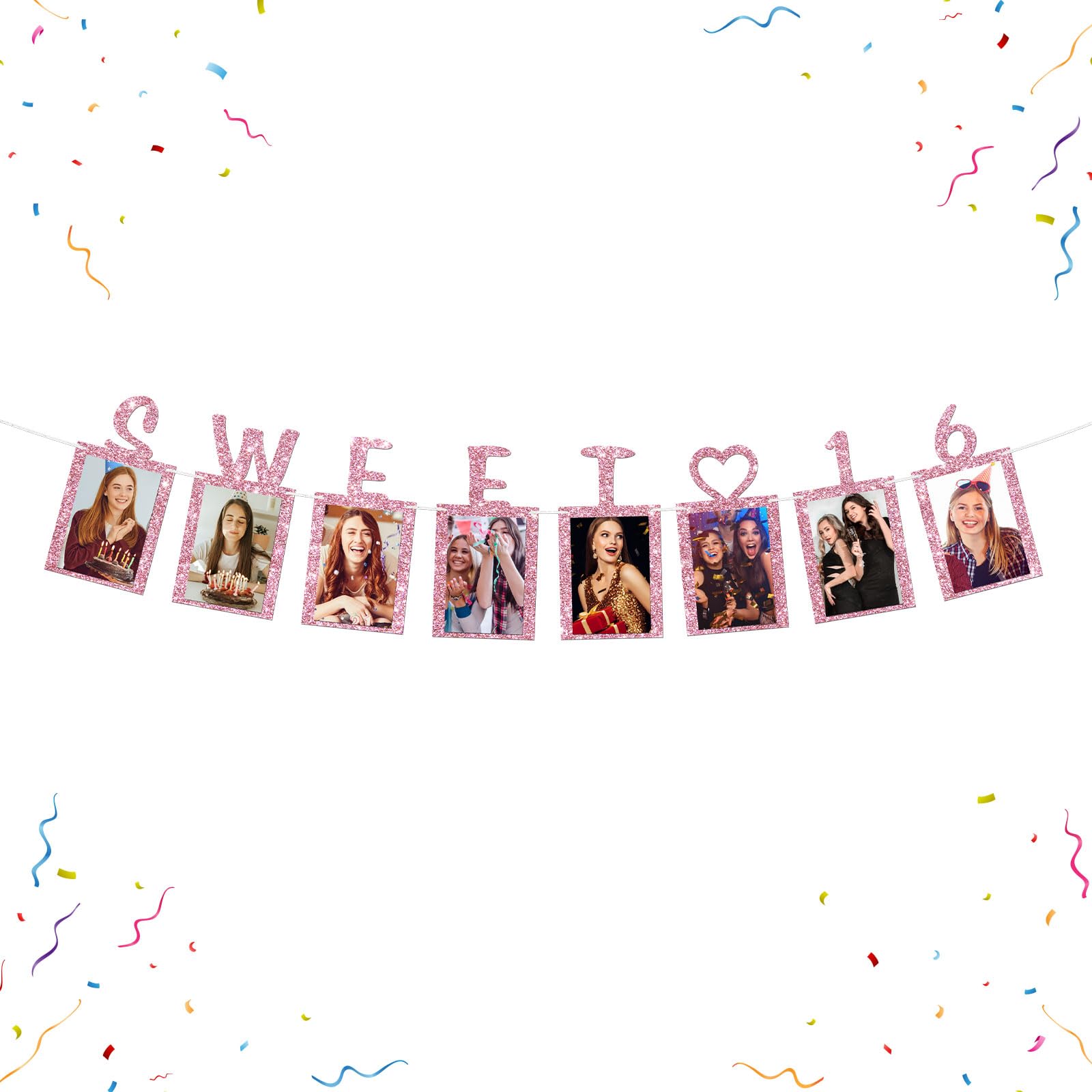 WeBenison Sweet 16 Photo Banner Girls's 16th Birthday Paper Photo Frame Cheers to16 Years Birthday Bunting Decorations Sixteen Picture Banner Pink