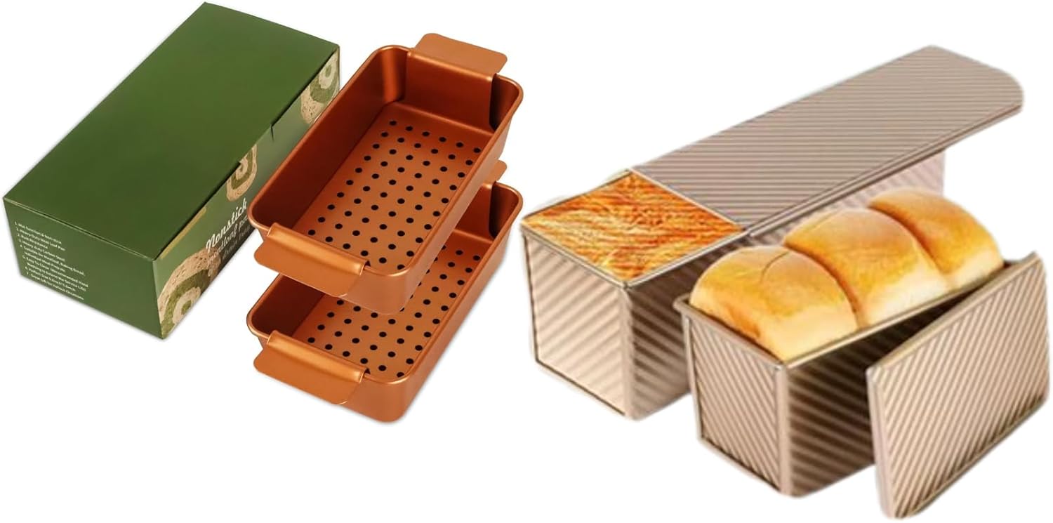 Meatloaf Pan with Drain Tray, Pullman Loaf Pan with Lid, Nonstick Loaf Pan with Drip Tray Perforated, Gold Bread Tin for Baking Meatloaf, Sandwich and Toast, Set of 4