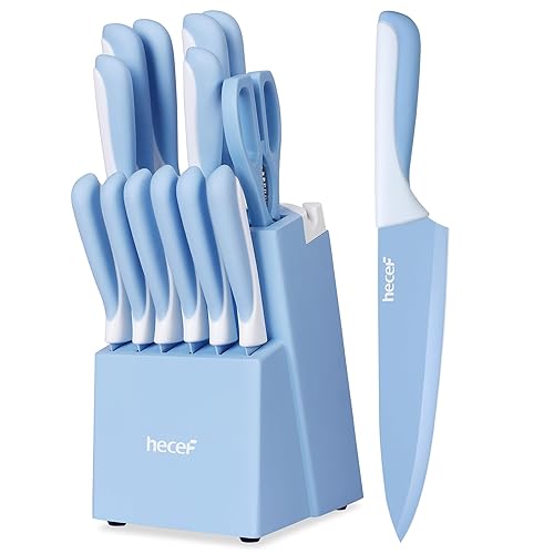 hecef 15-Piece Kitchen Knife Set with Self-Sharpening Wooden Block – High Carbon Stainless Steel, Blue Non-Stick Coating Blade, Includes Steak Knives & Scissors - Blue