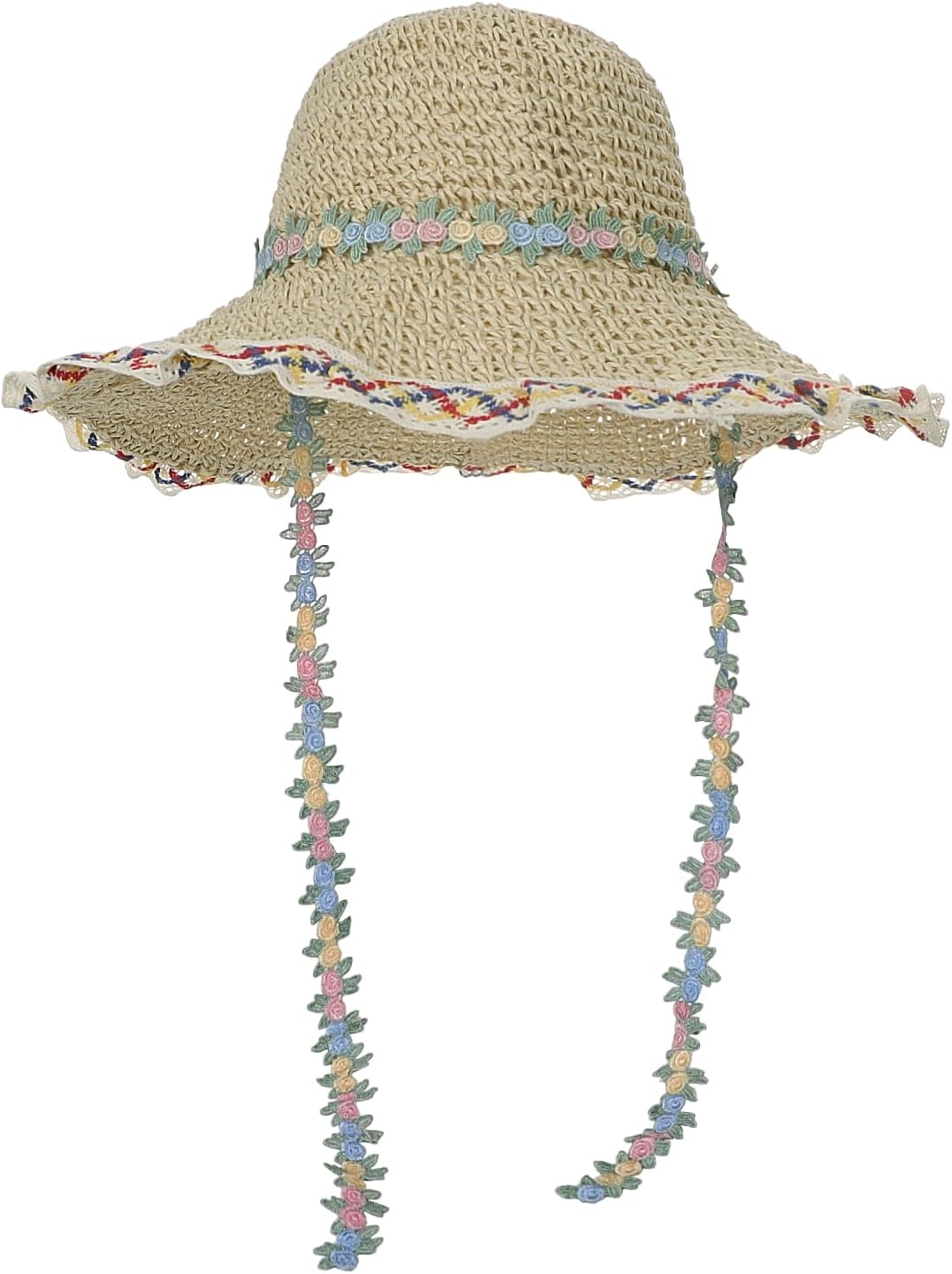 Girls Straw Sun Hat Wide Brim Beach Hat with Floral Tie Strap Woven Summer Hat for Kid Vacation Travel Outdoor Wear
