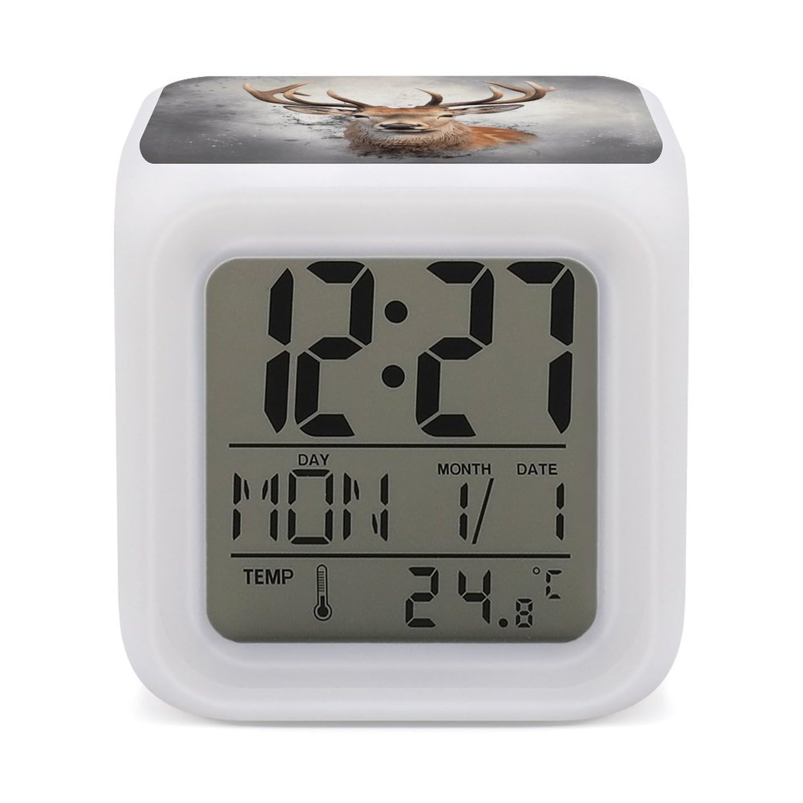 VstaDank Animal Deer Alarm Clock with 7 Color Changing Night Light Date Temp Display Wake Clocks LED Display Digital Clock Electric Desk Clocks for Living Office Bedroom Decor