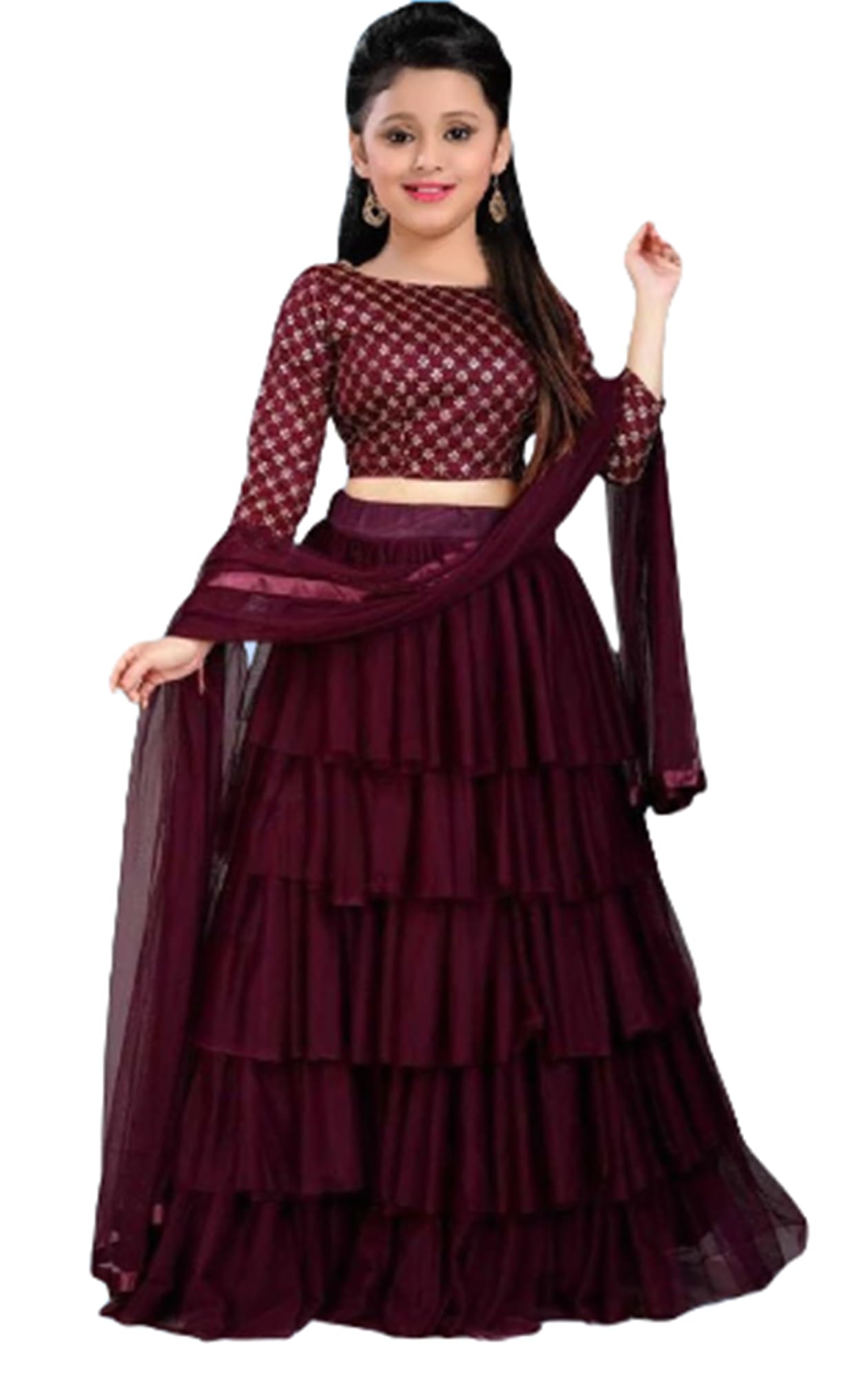 Tees4U Girls Embroidered Net Solid Reffel Ethnic wear Readymade Lehenga Choli With Dupatta Set For Kids (D-E-5001_Maroon)
