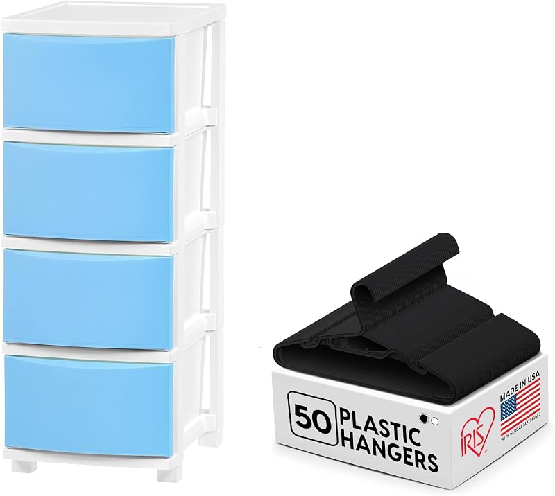 IRIS USA 4-Drawer Plastic Storage Organizer + 50-Pack Black Clothes Hangers, Slim Organizer Set for Dorm, Bedroom, Laundry, or Closet Storage