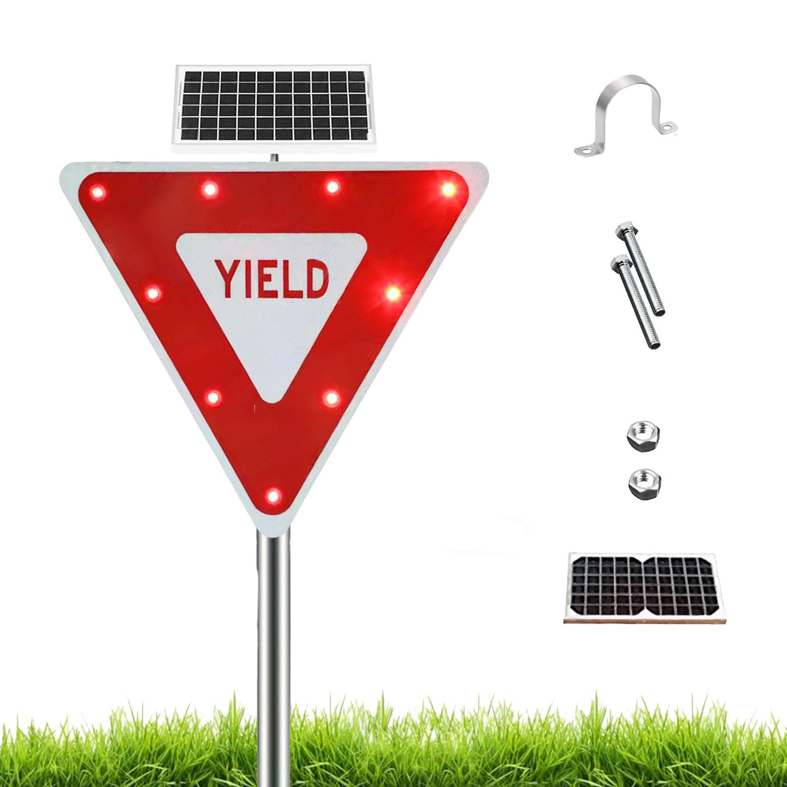 Cielobloen Multicolor 24"/28" Led Flashing Crossing Sign – Solar Powered, Aluminum Yield Road Warning, 18V 10W Panel, Ip65, U-Bolt Mount, For Roads, Parking, Factory, School 28"