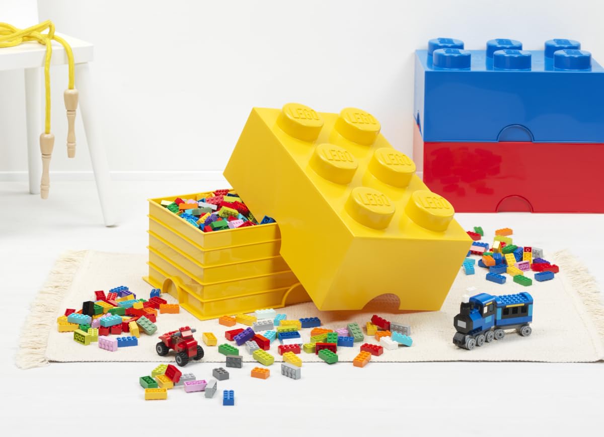 LEGO Storage Brick 6 gałek żółte, pudełko do przechowywania 8,47 l – produkt LEGO, plastikowe pudełko do przechowywania z pokrywką, schowek na biurko, schowek w pokoju, pudełko na zabawki