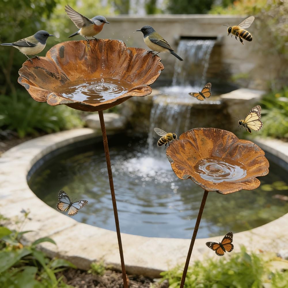 Mangeoire à eau et baignoire pour oiseaux – Respectueux de l'environnement – Station d'eau décorative pour oiseaux avec support en métal pour jardin, terrasse, pelouse – Une seule pièce, parfaite pour