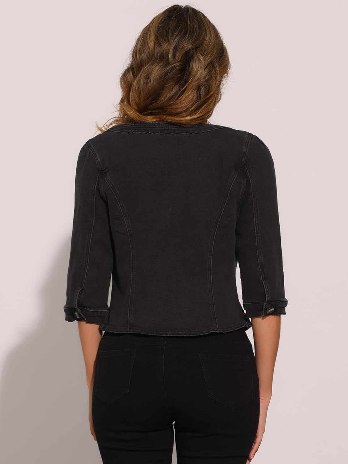 Allegra K Denim Jacket for Women's Collarless 2025 Cardigan 3/4 Sleeve Crop Jean Jackets - Image 2