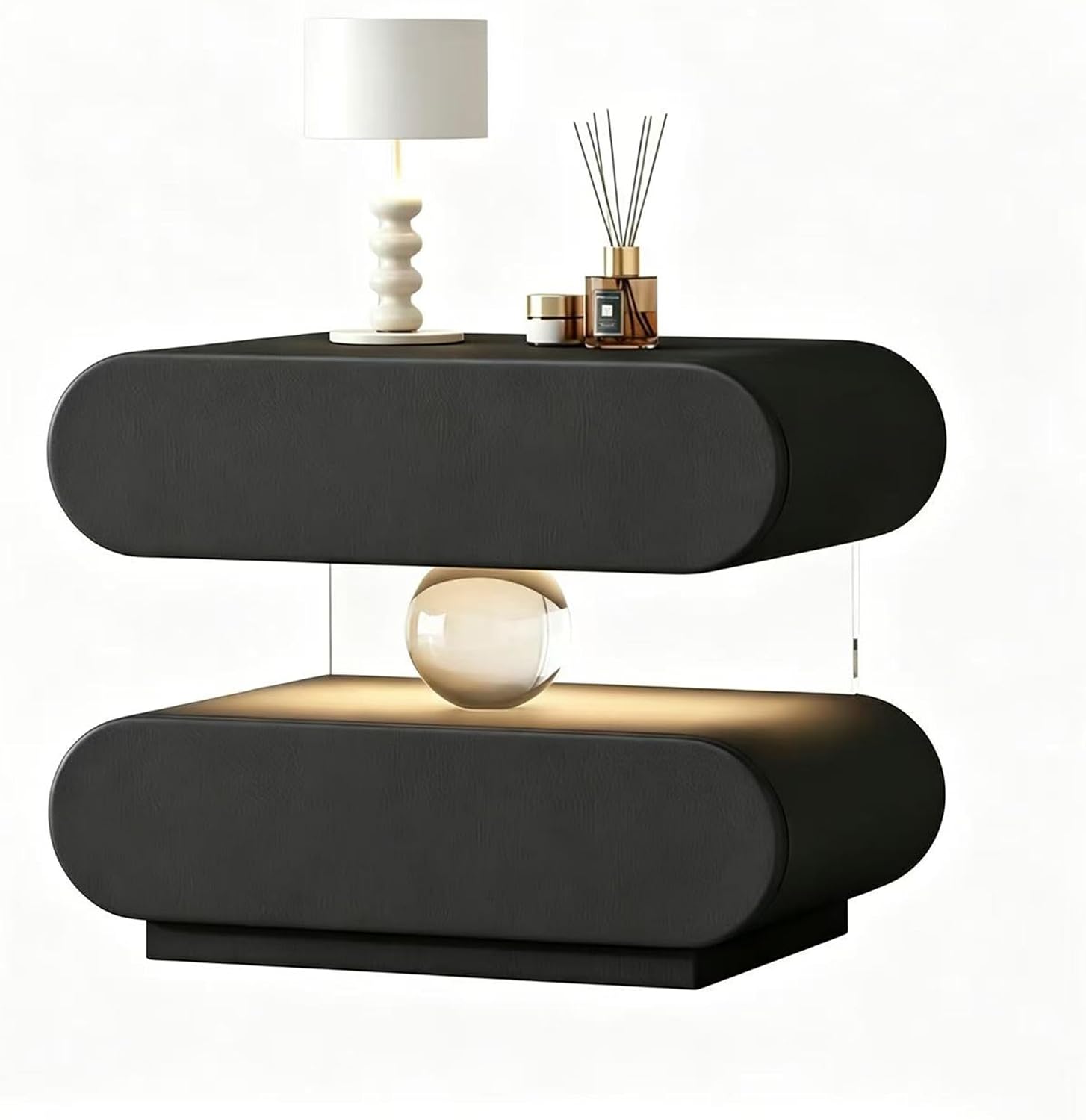 Modern Nightstand with LED Light Strip, Acrylic Solid Wood Leather