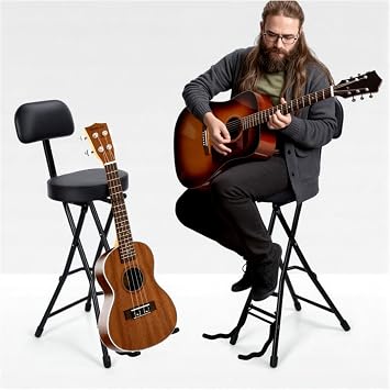 Collapsible Guitar Stool with Backrest, Thick Padded Cushion Piano Stool Guitar Seat Drum Seat Faux Leather Musician Chair with Removable Ergonomic Backrest for Adults Kids Drummer Black