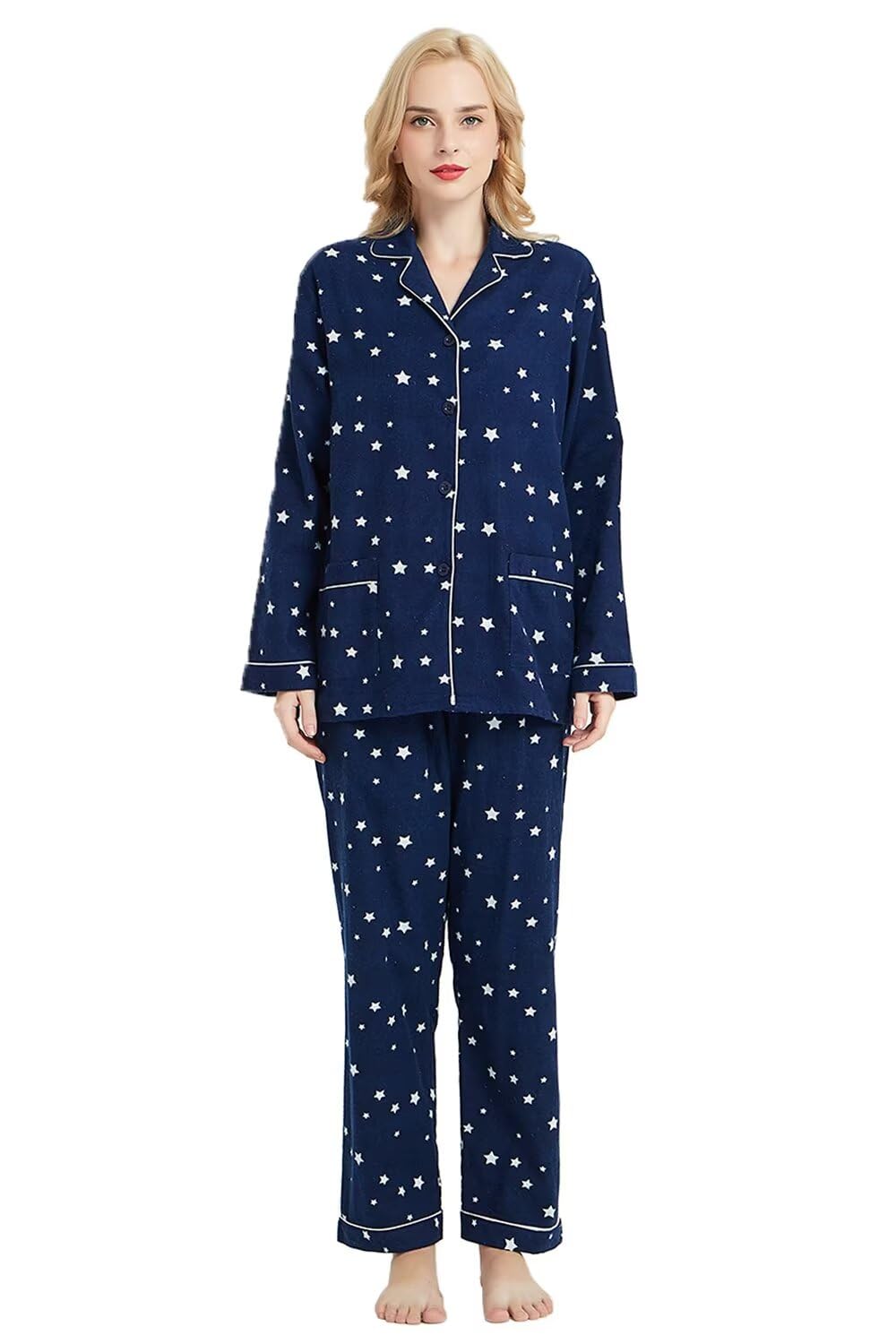 GLOBAL Pijamas Mujer Franela, Pijamas Algodon Mujer Largos, Conjunto de Pijama Suave y Cómodo, Camisones Mujer Botones, Cintura Elástica Ajustable，Regalo Mujeres,