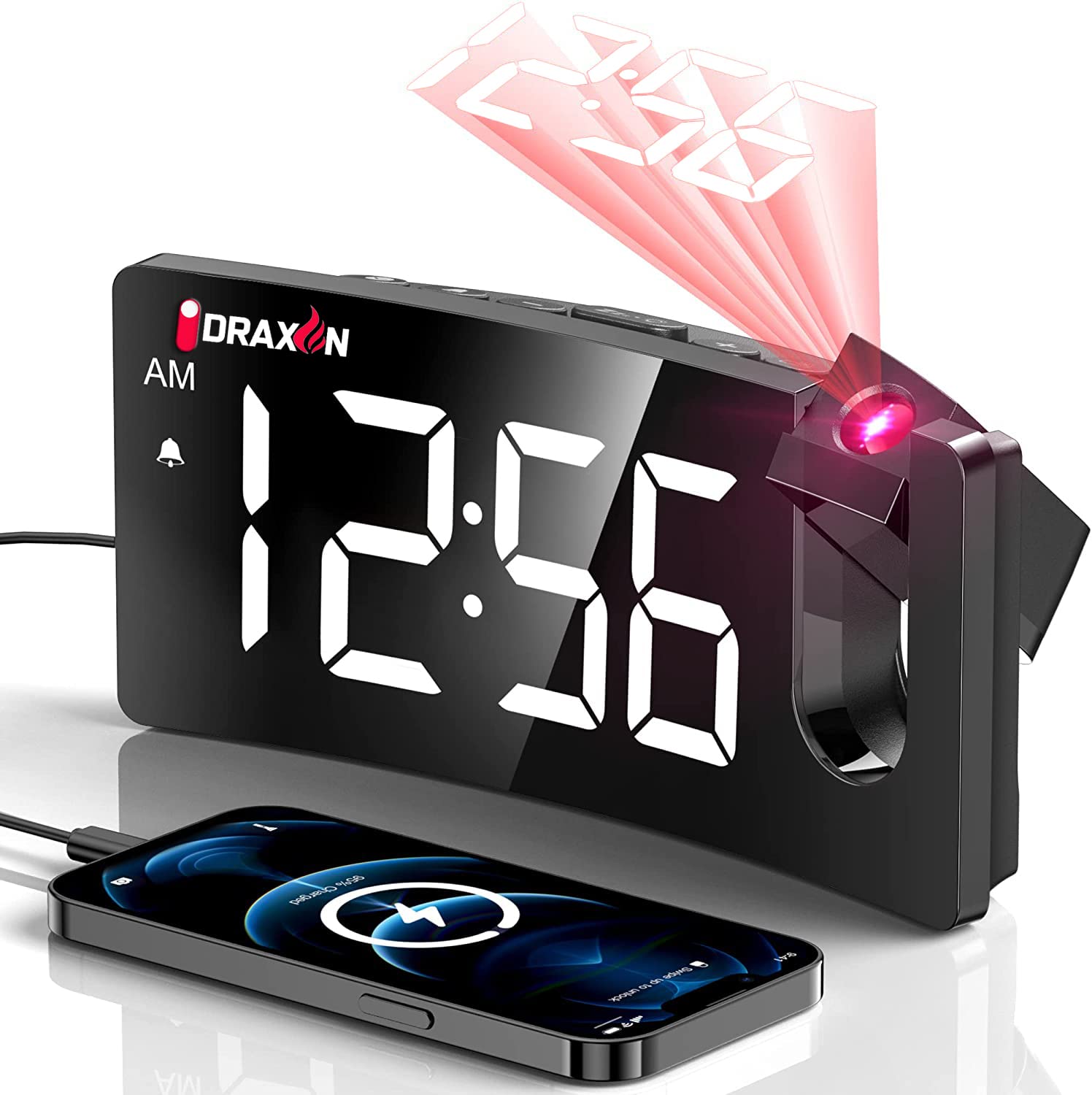 DraxonDigital Alarm Clock for Bedroom, Multifunctional Clock with FM Radio & Projection, 0-100% Dimmer & Radio Volume, Curved Screen, Dual Alarms, USB Charger, Crystal LED Display (White lux)