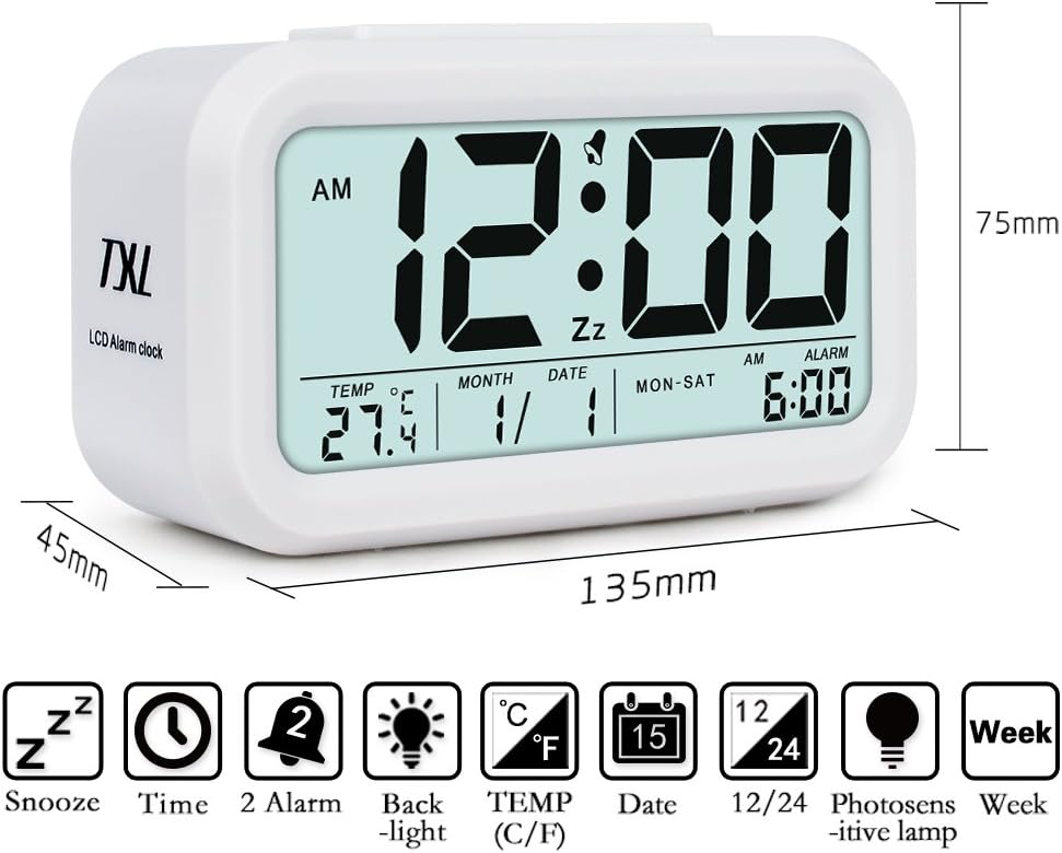 Digital Alarm Clock Electronic Table Clock Large LCD Display Date Temperature Dimmer Snooze & Nightlight, Desk & Shelf Clock for Kids' Room, Home Office Kitchen Bedside Clock, White