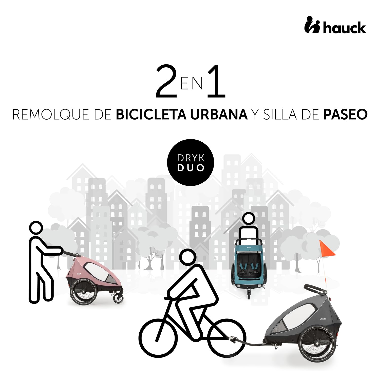 hauck Remolque Bicicleta Niños 2 Plazas Dryk Duo - Carro Bici Infantil Completo desde 6 Meses hasta 22 kg - Enganche Incluido - Silla de Paseo Gemelar Maletero XL - Plegable - Gris