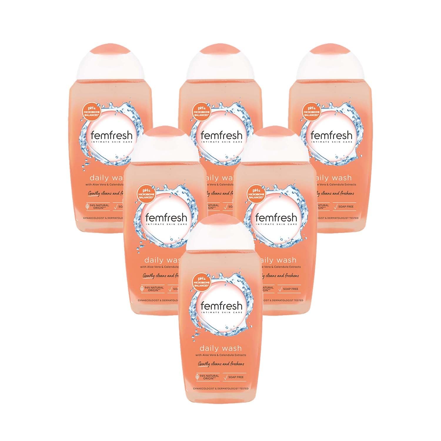 Femfresh Intimate Wash 250ml, Daily pH-Balanced Cleanser, Soap Free, Aloe Vera and Calendula, Hypoallergenic, Dermatologist and Gynaecologist Tested, Suitable for Sensitive Skin (Pack of 6)