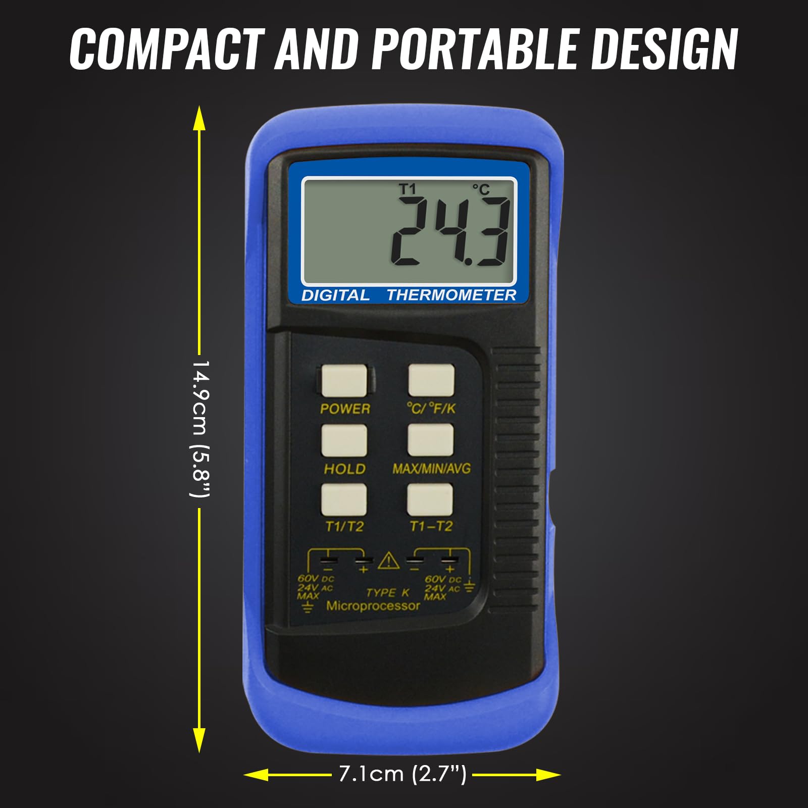 Termometro digitale a 2 canali K-Type 2 termocoppie -50 ~ 1300 ° C (-58 ~ 300 ° F) Palmare ad alta temperatura Kelvin Scale Dual Misuratore Sensore