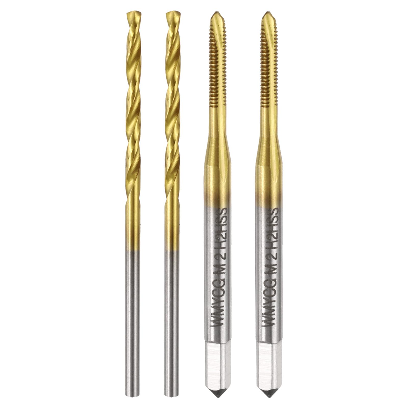 Set di Maschi e Punte da Trapano metrici, 2 Maschi filettati a Punta elicoidale M2 x 0,4 e 2 Punte elicoidali da 1,6 mm, Utensili per Filettatura e maschiatura HSS6542 Rivestiti in Titanio