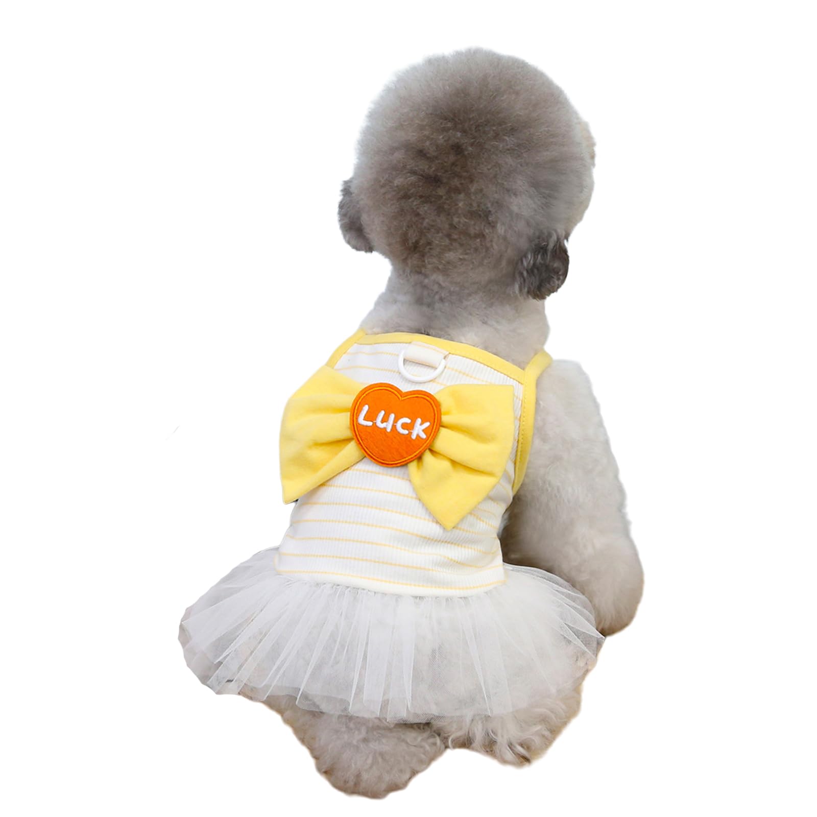 MeiAOBest Small Dog Stripe Dress,Puppy Luck Bowknot Lace Princess Tutu with D-Ring,Pet Summer Breathable Wedding Skirt for Cats Small Dogs_S(Yellow)