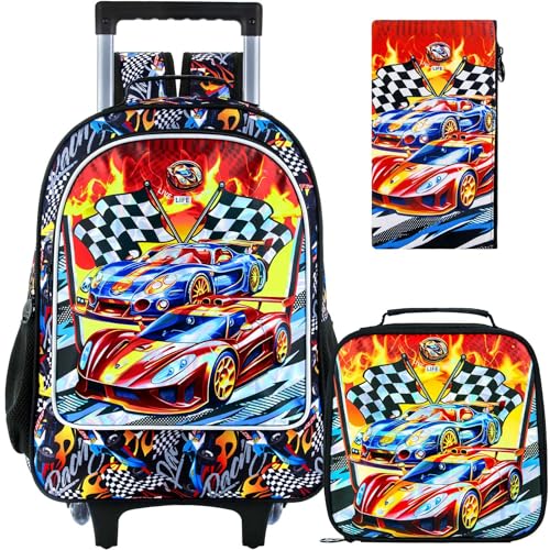 HPJGD 3PCS Car Rolling Bookbag for Boys, Kids School Backpack with Wheels, Water Resistant UV Printed Roller Wheeled Bookbag Set with Lunch Box