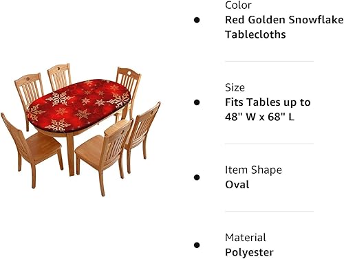 Miniatura 7 de RenteriaDecor Manteles ovalados de Navidad rojos, mantel ajustable elástico con estampado de copo de nieve dorado, fundas oblongas resistentes al