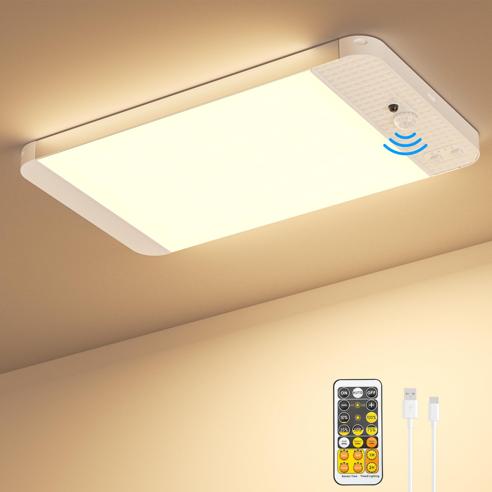 Akku Deckenleuchte mit Bewegungsmelder Innen, USB Aufladbar Kabellos Lampe mit Bewegungsmelder Led Deckenlampe Dimmbar mit 5000mAh Batterie Fernbedienung ohne Bohren 3 Farbmodi für Badezimmer Keller