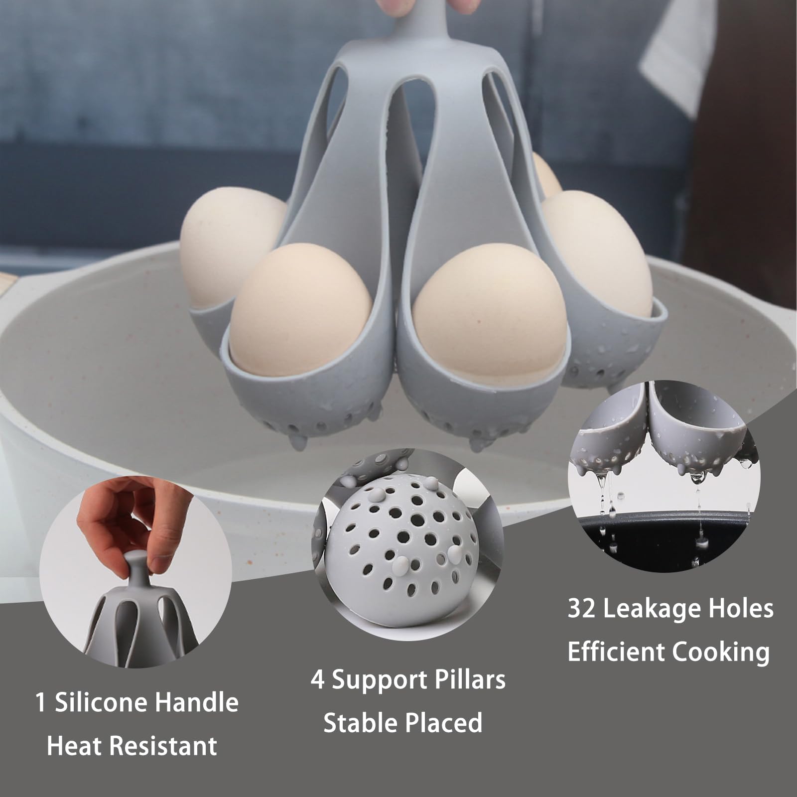 Caldera de huevos de silicona para huevos duros y suaves, cocina de silicona de grado alimenticio con 6 soportes, accesorio de cocina para cocinar/servir huevos con asa, apto para lavavajillas 3