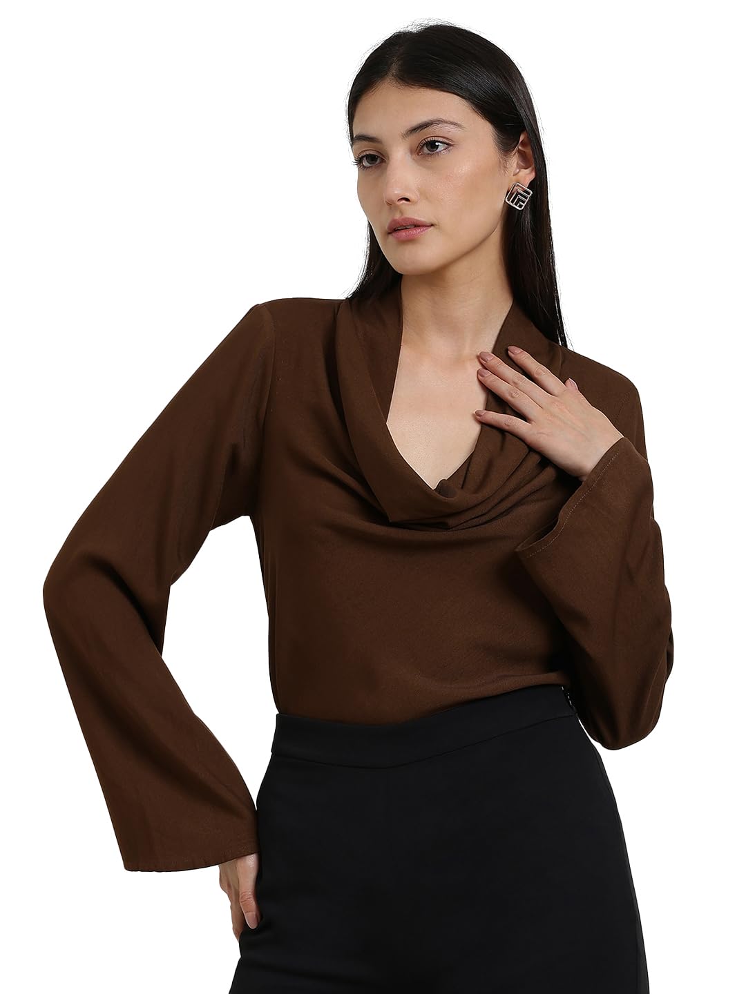 Women Shirts | Relaxed Fit Cowl Neck Bell Sleeve Solid Pattern | Breathable Rayon Twill Fabric for Casual & Semi-Formal Occasions-image-20