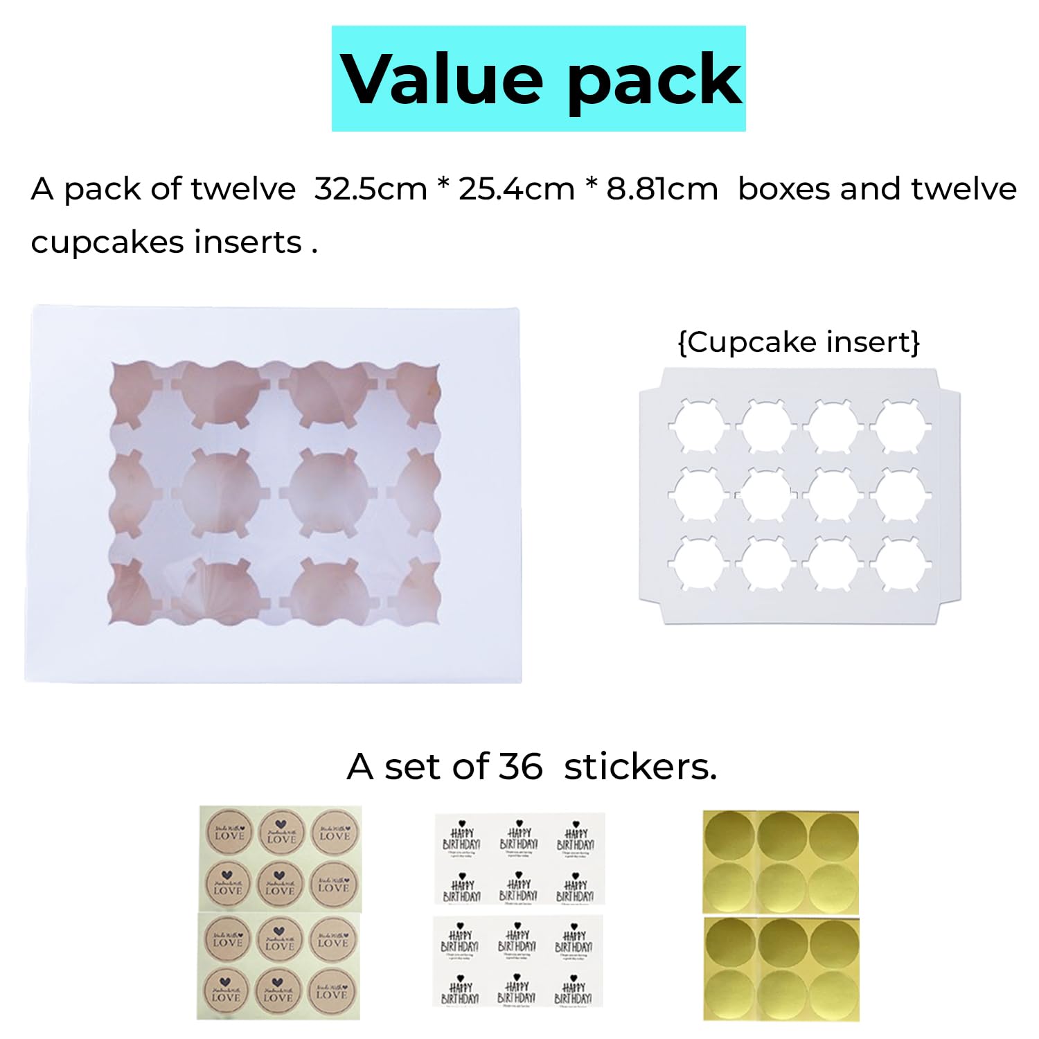 Generic 12 Set White Cupcake Boxes Container,Holds 12 Cupcakes,Bakery Cupcake Box With Window and Cupcake Insert,Pastry,Pie,Dessert,Donuts,Birthday,Graduation,Cookies,Holiday (White -12 Pack)