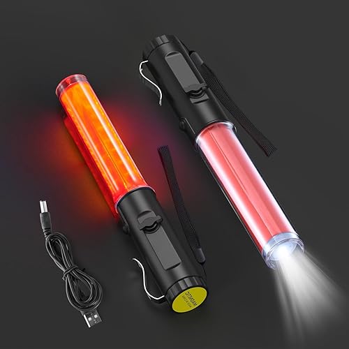 Paquete de 2 varitas de tráfico recargables, luz de bastón de control de tráfico de 10 pulgadas con 3 modos de parpadeo y 1 LED blanco en la parte