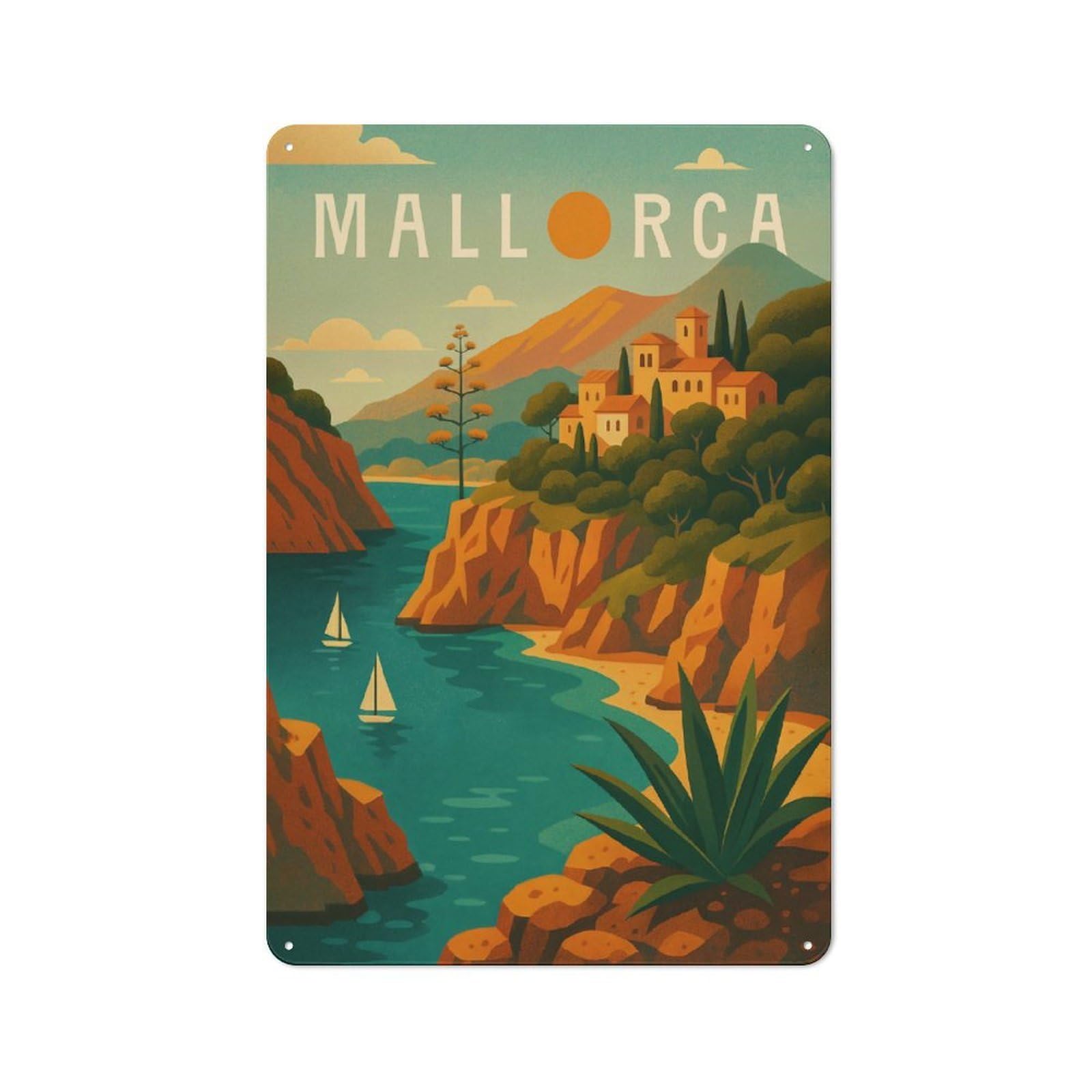 Junmoney Style-12 Nostalgic Mallorca Travel Poster Spain – Mediterranean Cliffs & Sea Breeze Decorative Tin Sign 30X20cm, Vintage Wall Decor For Lounge, Study, Pub Or Wall Gallery