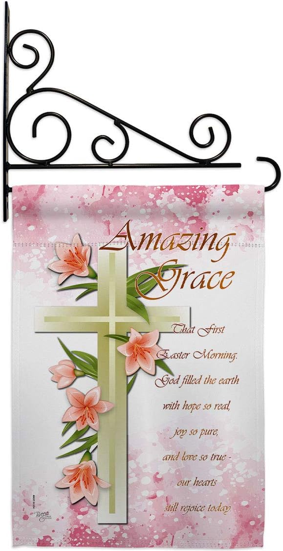 Amazing Grace Garden Flag Set Wall Holder Religious Bible Verses Bless Faith Thank Hope Pray Christian Religion Small Decorative Gift Yard House Banner Made In USA 13 X 18.5
