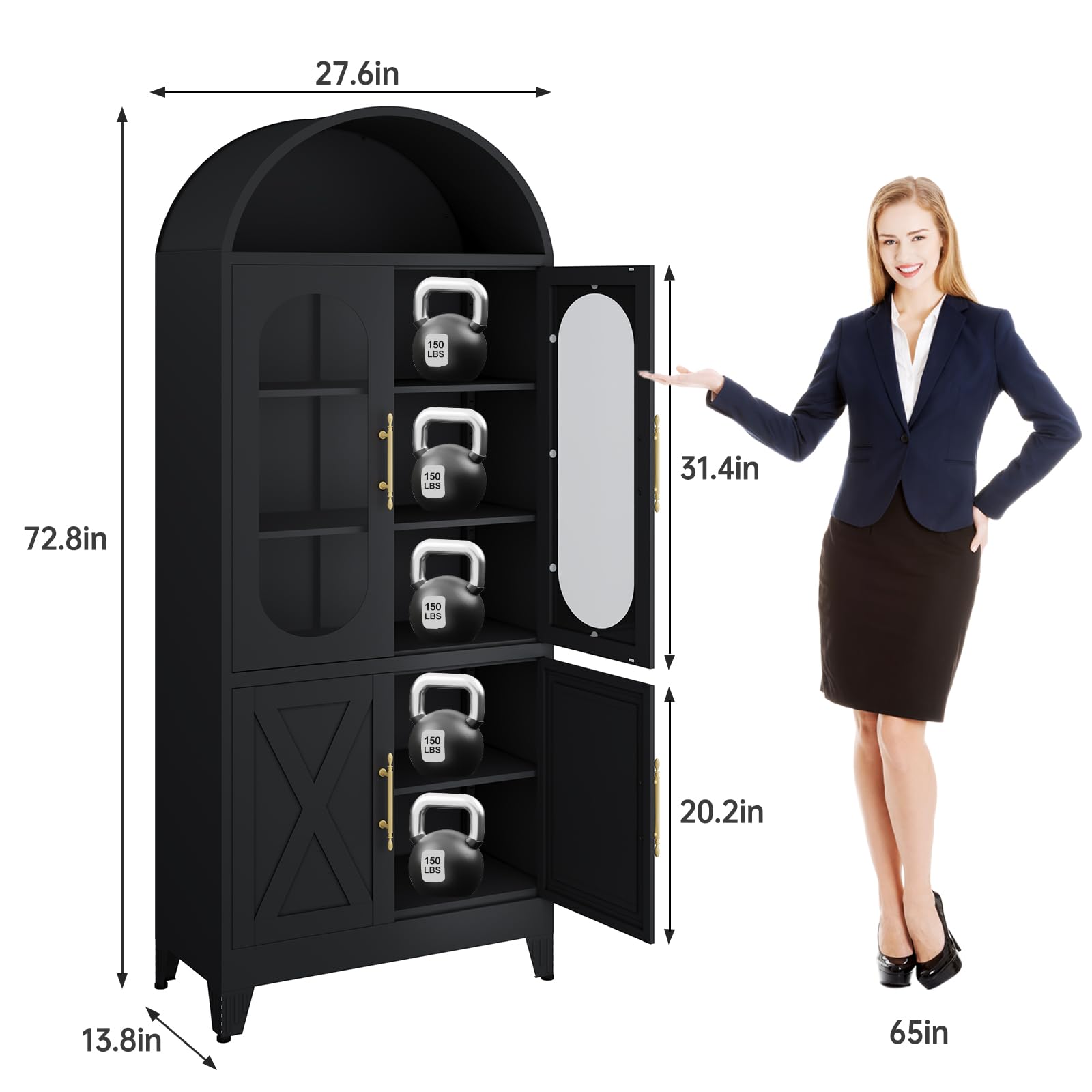 73" H Metal Tall Arched Kitchen Pantry Cabinet, Modern Farmhouse China Storage Cabinets with Glass Door and Adjustable Shelves, Versatile Cupboard for Kitchen, Dining Room, Bathroom (Black)