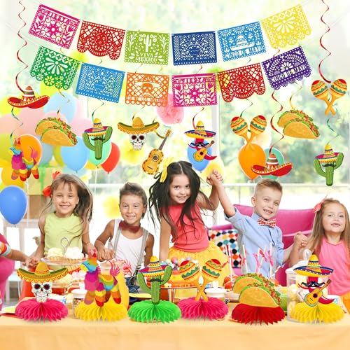 Image of 20 PCS Fiesta Party Decorations Set Mexican Banner Cinco De Mayo Mexico Banner Hanging Swirls and Honeycomb Centerpieces for Mexican Theme Fiesta Taco Birthday Party Decoration