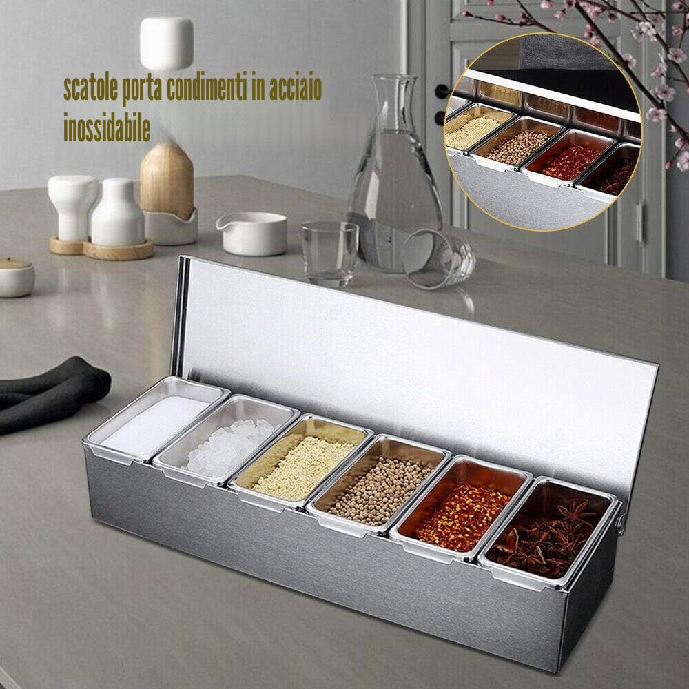Contenitore per ingredienti in acciaio inox, 6 scomparti, contenitore in acciaio inox, capacità con coperchi per spezie, utensili da cucina