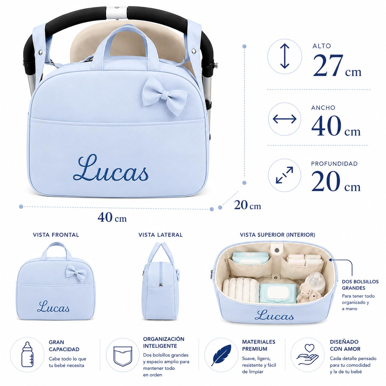 mibebestore Bolso Carro Bebe Personalizado con Nombre Bordado Bolsa para Silla Paseo de Polipiel Impermeable 40x27x20 cm Organizador de Carrito Hecho a Mano en España Regalo Nacimiento Recién Nacido