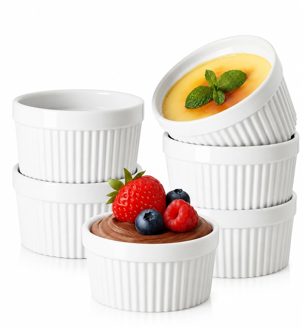 Ramekin Bowls 8OZ,WERTIOO 6 PCS Bakeware Set for Baking and Cooking, Oven Safe Sleek Porcelain Colorful Ramikins for Pudding, Creme Brulee, Custard Cups and Souffle Small Tnstant Table Tray