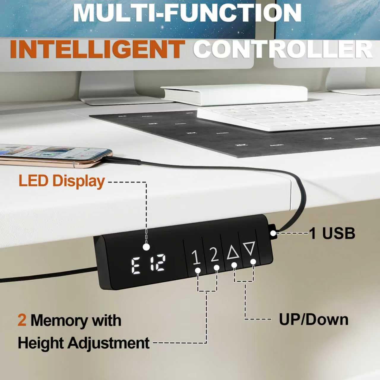 Schreibtisch Höhenverstellbarer Elektrisch, 160 x 80cm, Computertische mit Memory-Steuerung, Ergonomic Standing Desk, Mit Haken und Aufbewahrungstasche, Bürotisch, Weiß