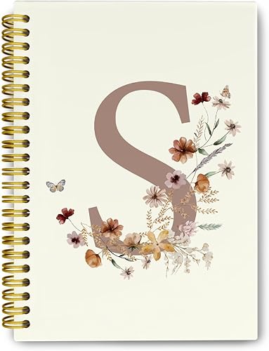 Cuadernos de diario de letra S con inicial, cuaderno personalizado retro floral personalizado con monograma, cuadernos vintage de tapa dura para la