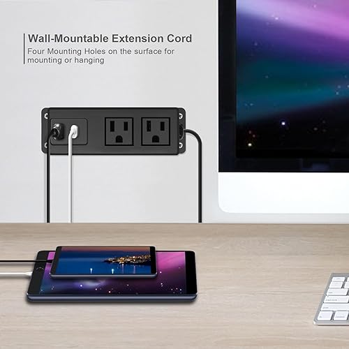 Miniatura 4 de Enchufe múltiple con USB C de 20 W, tira de alimentación montada en la pared debajo del escritorio, cable de extensión con enchufe plano PD tipo C