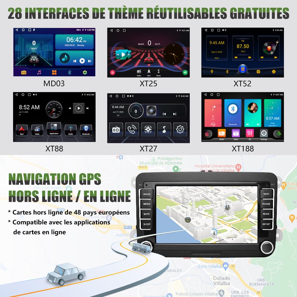 AWESAFE Autoradio Android pour Golf 5 6 VW Passat Polo Seat Skoda, 7 “ HD écran Tactile, intégré Bluetooth carplay Android Auto FM,RDS,GPS,WiFi avec Camera de recul[2Go+64Go]