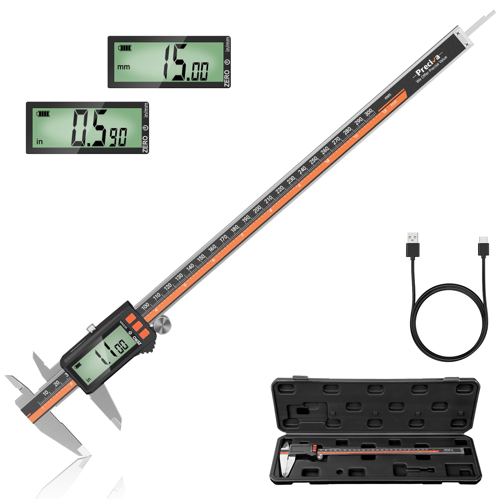 Preciva Calibre Digital 300mm Recargable USB-C, Pie de Rey Electrónico de Acero Inoxidable con Pantalla LCD, Medición 0-12" / 0-300 mm Alta Precisión para Interior, Exterior y Profundidad