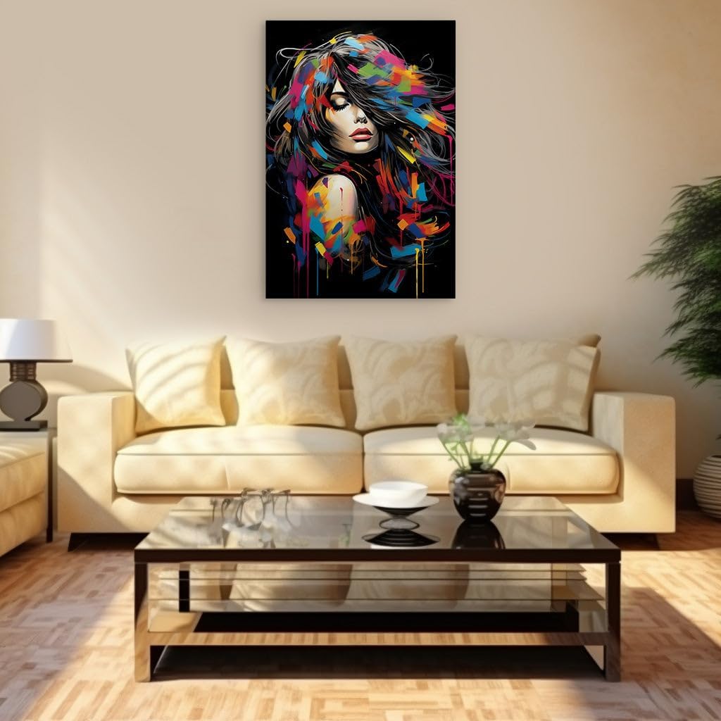 Canvas for Living room. A Symphony of Colors in Portraiture - The Serene Woman with a Kaleidoscopic Aura, 27 x 18 inch Canvas Wall Art - Contemporary Masterpieces - Modern Home Decor