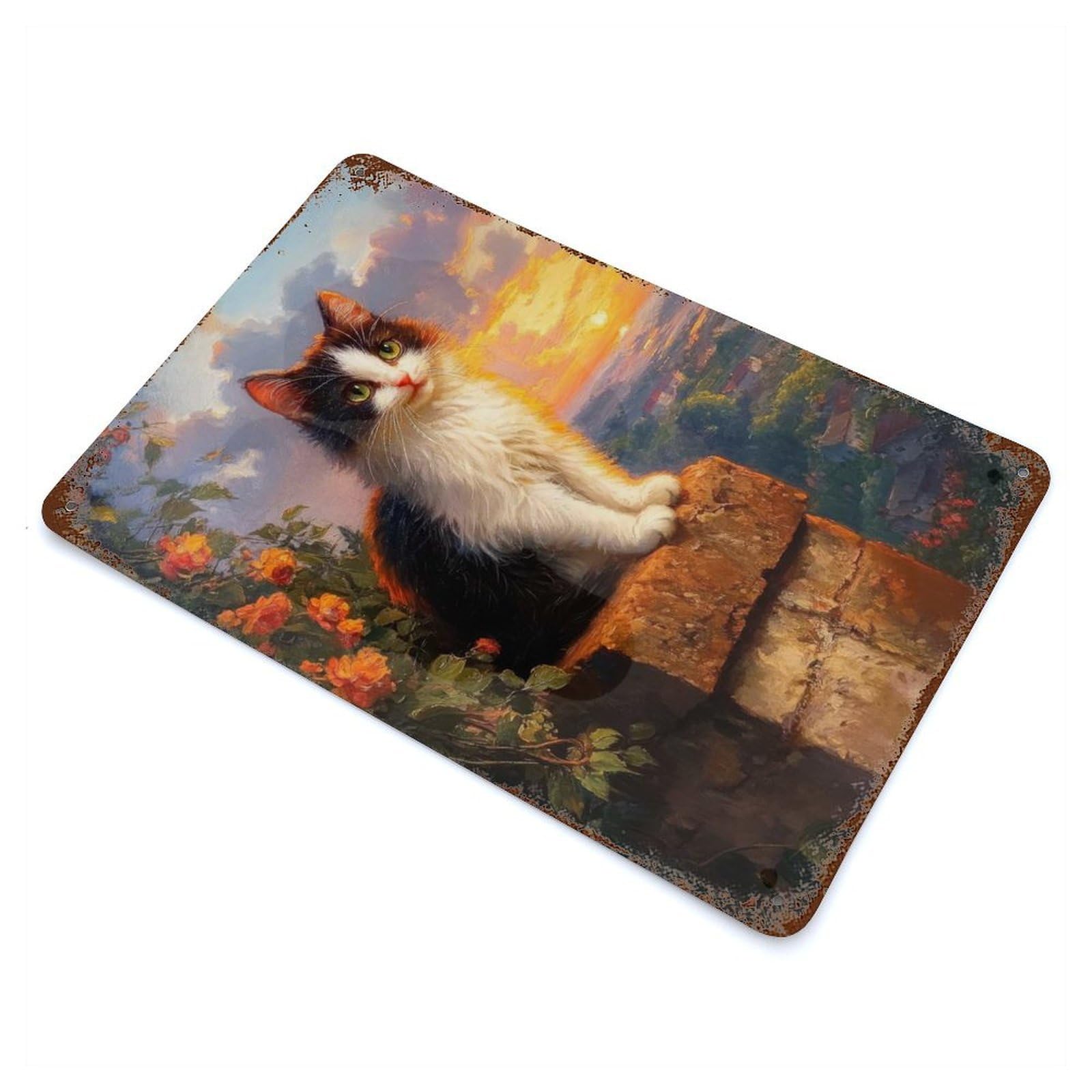 Cat at Sunset Rust Effect Tin Sign 11.8"x7.9", Ideal for Farmhouse, Kitchen And Entryway Decor