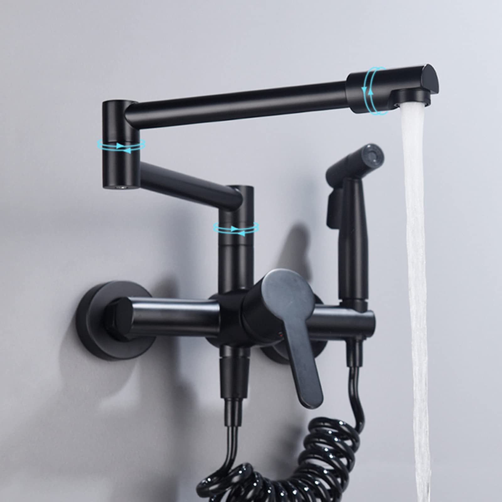 Grifo de Cocina de Montaje en Pared con rociador, latón Extensible, Doble articulación, Brazos oscilantes, Fregadero de Cocina, Grifo Mezclador Monomando Caliente y frío, Negro(Noir)