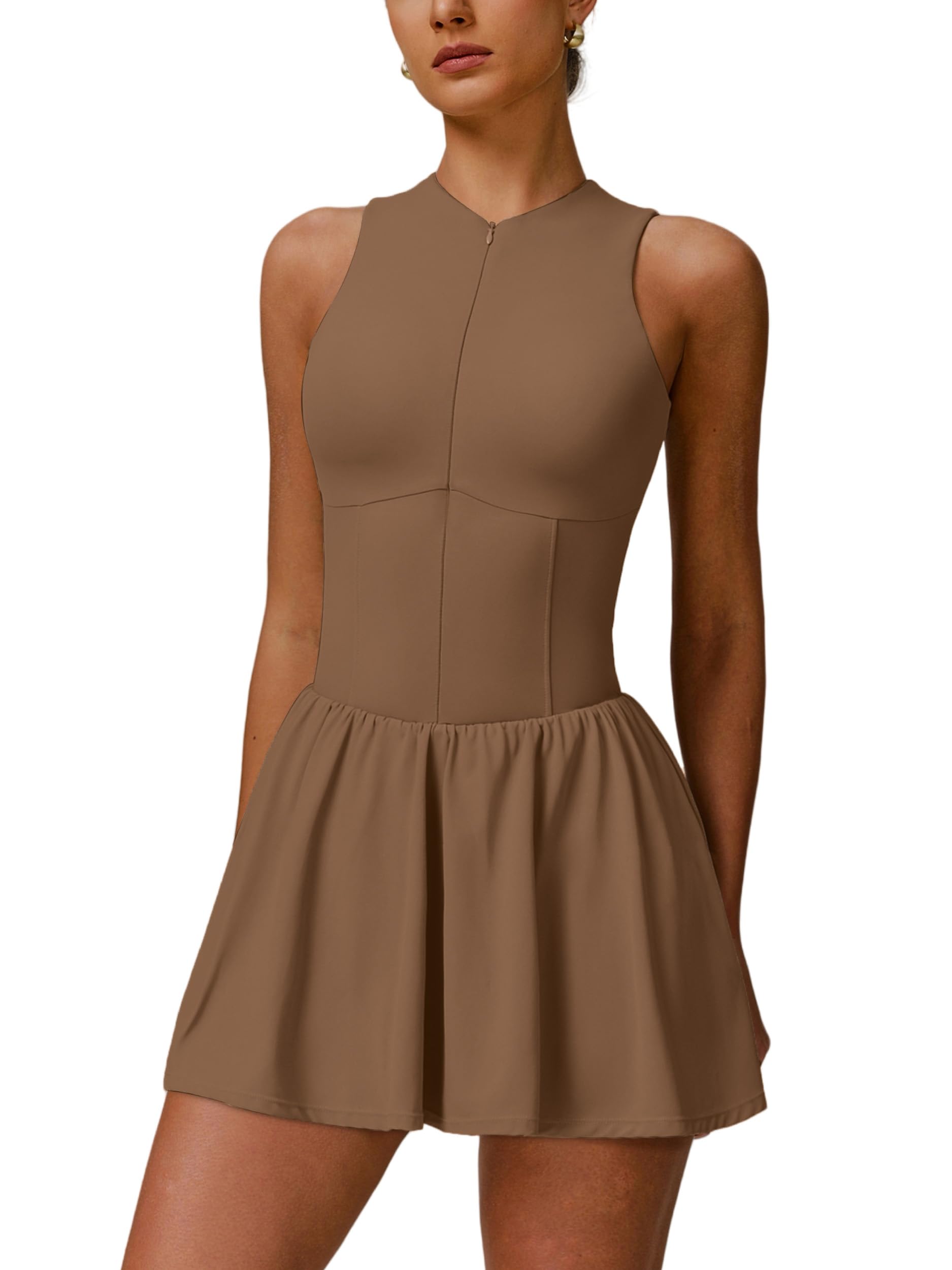 Vestito da tennis da donna, con chiusura lampo, con reggiseno integrato, pantaloncini con tasca, linea ad A, senza maniche, mini abito sportivo, da golf, sportivo
