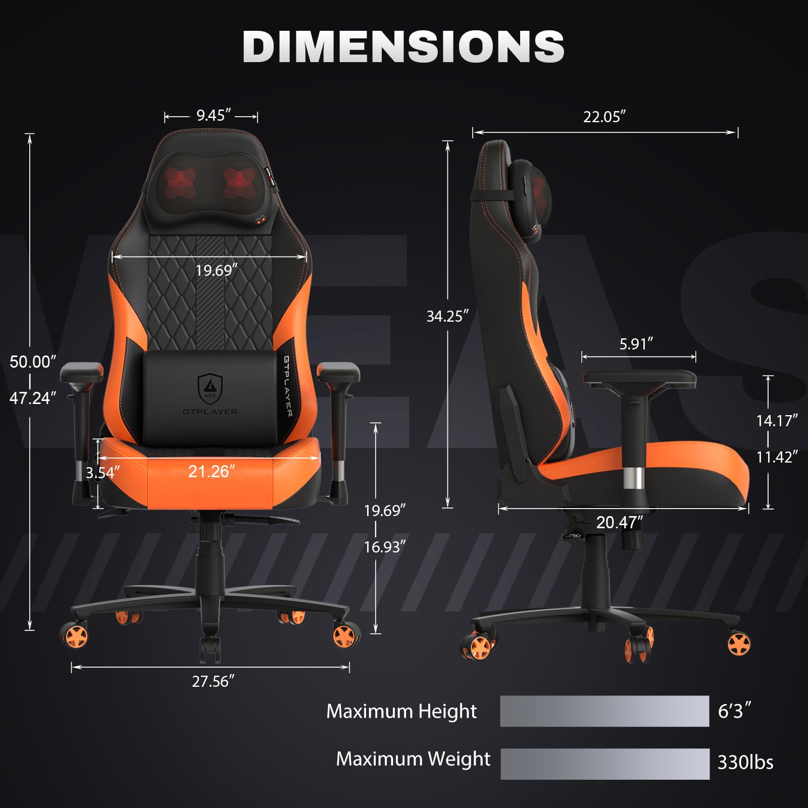 GTPLAYER Sedia da gioco con massaggio, con cuscino a molle insacchettate, ergonomica, da gaming, braccioli 4D, sedia da PC, schienale allargato, portata 150 kg，arancia