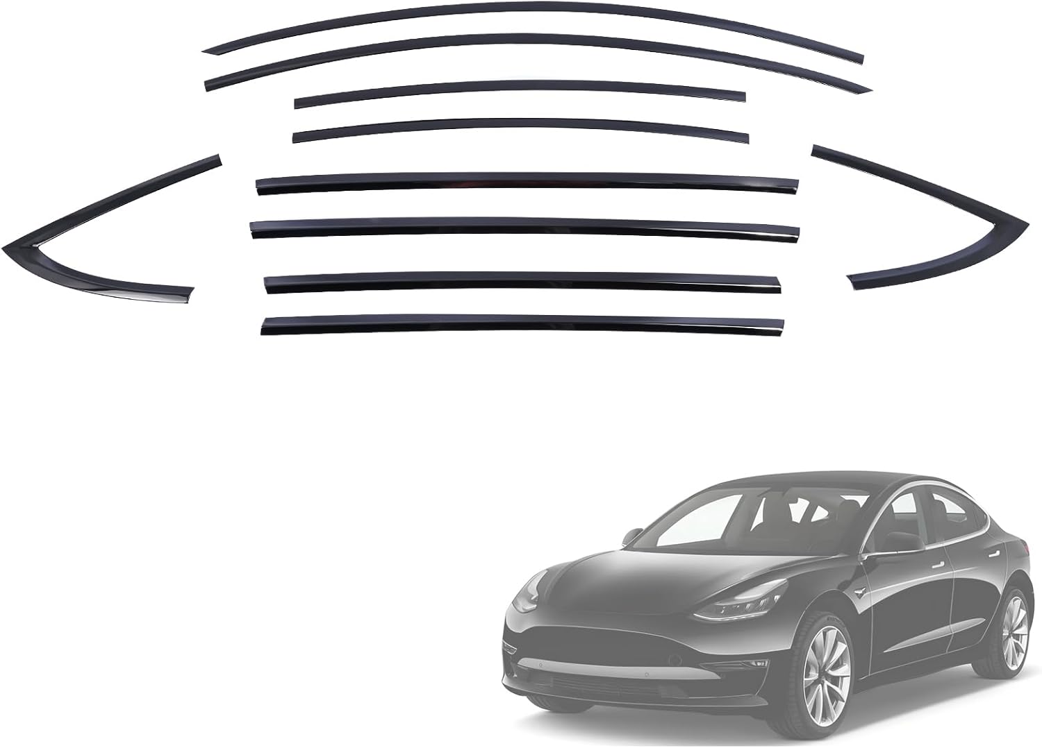 Stainless Steel Window Trim Chrome Delete 10Pcs Compatible with Tesla Model 3 2017-2025 Glossy Black Weatherstrip Window Moulding Strip Trim Blackout Kit