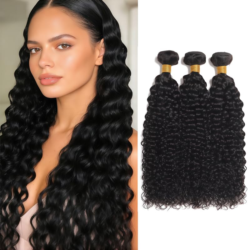 Jerry Curly Bundles Human Hair 24 26 28 Inch Human Hair Bundle Brazilian Virgin Hair 3 Bundles for Black Women Weave Extensions Natural Black